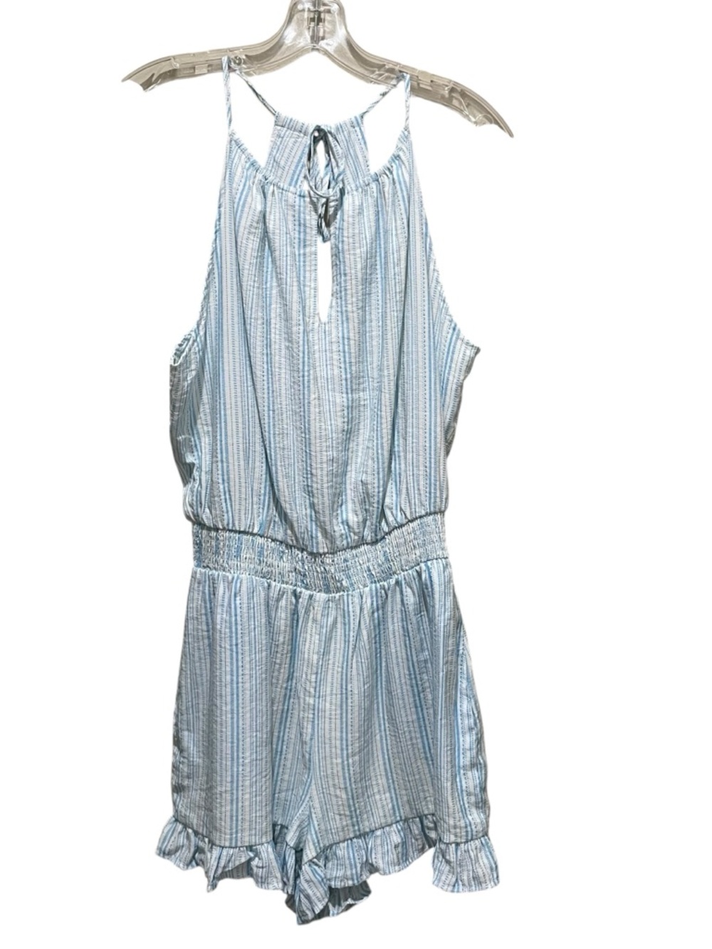 BCBGeneration Striped Romper Blue White Tie Neck Ruffle Hem Women Size Medium